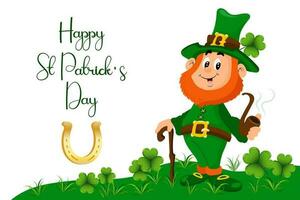 St. Patrick's Day, cute leprechaun with golden horseshoe, shamrock leaves and congratulatory text. Illustration, postcard, banner, vector