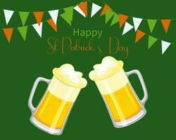 St. Patrick's Day, mugs with beer, garlands with flags and congratulatory text. Postcard, banner, vector