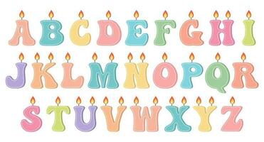 A set of colorful birthday candles with letters of the alphabet, cute birthday cake candles. Cake decoration for the holiday. Vector