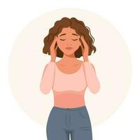 hermosa mujer con un dolor de cabeza, migraña. el concepto de medicina y cuidado de la salud. plano ilustración, vector