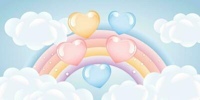 3d baby shower, rainbow with clouds and balloons on the starry sky, children's design in pastel colors. Background, illustration, vector. vector