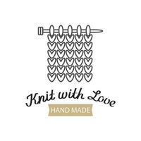 Knit with love lettering and knitting needles with a knitted fabric. Hobby icon, logo, vector