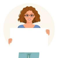 Woman with a joyful expression holding a blank banner in her hands. Flat style illustration, vector