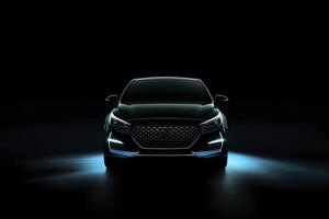 Black car with lighted lights on black background. photo