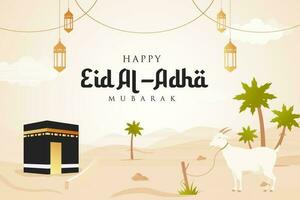 Vector flat Eid al Adha horizontal banner template with goat and Kabah