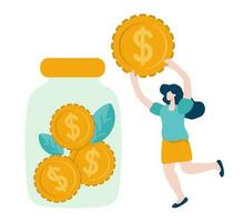 vector illustration of Tiny woman wanting to put coin into jar filled with pile of finance coins. Deposit concept of saving, hoarding, investing, banking, storing. save your money for the future