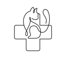 Veterinarian clinic. Cat and cross monoline logo vector icon. Vet hospital for animals. Dogs or cats treatment. Kitty and puppy on veterinary reception desk. Medicine for pets