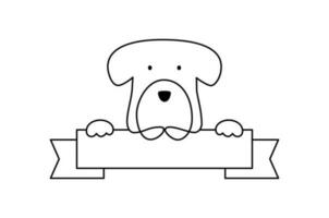 Dog logo shop holding a white blank board, card or banner. Hand drawn monoline vector illustration with place for text. Children book, birthday or greeting card