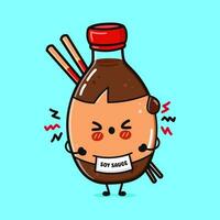 Cute angry Bottle of soy sauce character. Vector hand drawn cartoon kawaii character illustration icon. Isolated on blue background. Sad Bottle of soy sauce character concept