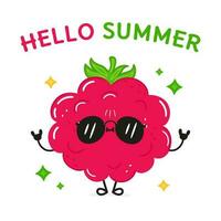 Raspberries character. Hello summer card. Vector hand drawn cartoon kawaii character illustration icon. Isolated on white background. Raspberries fruit character concept