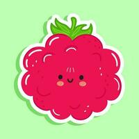 Cute sticker Raspberries character. Vector hand drawn cartoon kawaii character illustration icon. Isolated on green background. Raspberries character concept