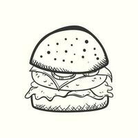 Hand-drawn burger with tomato cheese meat and salad in sketch vintage style vector