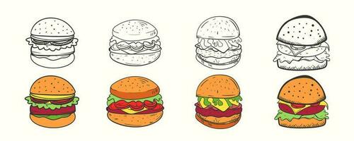 Hand drawn cartoon styled burgers vector illustration set