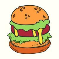 A big hand-drawn burger vector illustration with meat, salad and melted cheese