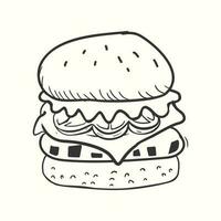 Hand-drawn burger with tomato cheese meat and salad in sketch vintage style vector