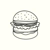 Cute hand-drawn burger with tomato salad and meat. Burger illustration vector