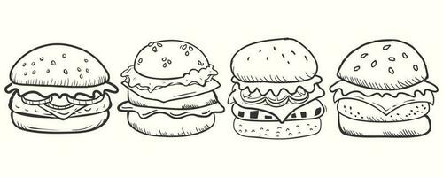 Cute hand-drawn burger in doodle style. Burgers illustration set vector