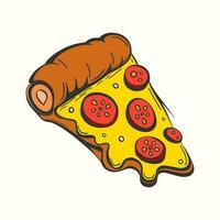 Vector illustration of a slice of pizza with melted cheese and tomato in cartoon style.