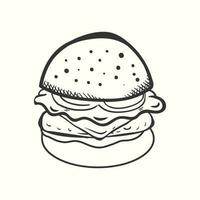 Hand-drawn burger with tomato cheese meat and salad in sketch vintage style vector