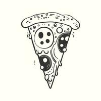 Pizza slice doodle icon with tomato and salad in hand drawn style vector