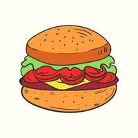 mano dibujado hamburguesa plano ilustración en garabatear icono estilo. vector