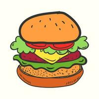A big hand-drawn burger illustration with meat, salad and cheese vector