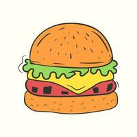 Burger illustration with salad cheese and met in hand-drawn style vector