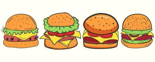 Cute hand-drawn burger icon illustration set in cartoon style vector