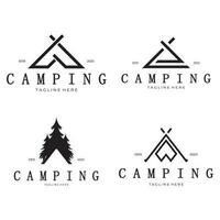 Clásico y retro tienda logo, cámping. con carpa, árbol y hoguera signo. aventureros, exploradores, escaladores, cámping equipo centrar vector