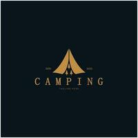 vintage and retro tent logo, camping. With tent, tree and bonfire sign. adventurers, scouts, climbers, camping equipment center vector