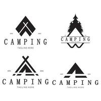 Clásico y retro tienda logo, cámping. con carpa, árbol y hoguera signo. aventureros, exploradores, escaladores, cámping equipo centrar vector