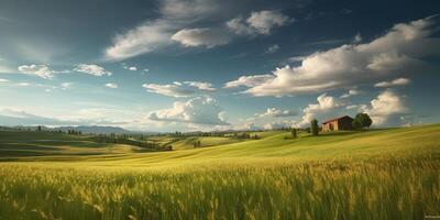 . . Photo realistic Illustration of green field grass hills landscape. Graphic Art