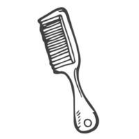 Flat comb hair with handle in doodle style. Isolated outline. Hand drawn vector illustration in black ink on white background.