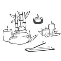 Hand drawn set of candles. Doodle candles. Burning aroma candles in glass jars doodle vector