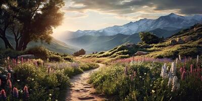 ai generado. ai generativo. hermosa flores follaje montaña follaje camino paisaje aventura. gráfico Arte foto