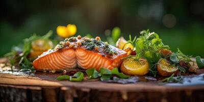 . . Photo illustration of bbq grilled fresh baked steak salmon with salad. Graphic Art