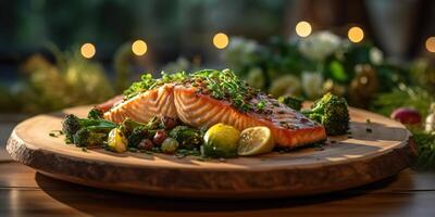 . . Photo illustration of bbq grilled fresh baked steak salmon with salad. Graphic Art