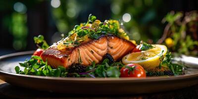 . . Photo illustration of bbq grilled fresh baked steak salmon with salad. Graphic Art