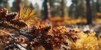 . . Close macro shot illustration of wild forest cone grass elements. Adventure outdoor vibe. Graphic Art photo