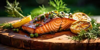 ai generado. ai generativo. foto ilustración de barbacoa A la parrilla Fresco horneado filete salmón con ensalada. gráfico Arte