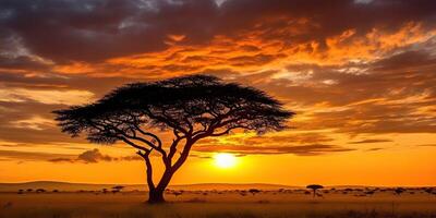 . . Photo realistic illustration of sunset tree of life outdoor scene. Graphic Art