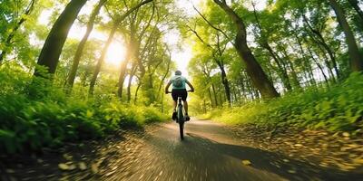 . . Photo Illustration of mountain bike cycle sport fit cardio going on green nature outdoor beautiful wild race forest landscape. Graphic Art