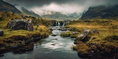 ai generado. ai generativo. foto ilustración de salvaje naturaleza al aire libre montaña cascada paisaje en lluvia verde día. gráfico Arte