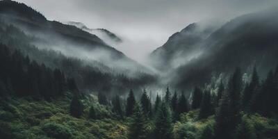 ai generado. ai generativo. foto realista ilustración de montañas bosque niebla Mañana místico. gráfico Arte