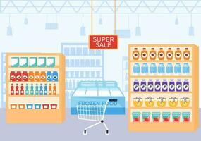 Food Grocery Store Shopping Vector Illustration with Foods Items and Products Assortiment on the Supermarket in Flat Cartoon Hand Drawn Templates