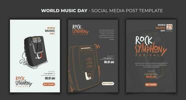 Social media post template for music day with portable cassette player in cartoon line art design vector