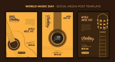 social media post template for music day with acoustic guitar background in yellow and brown design vector