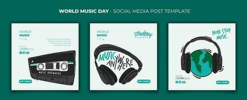 Social media post template design with headphone and hand drawn cassette design in white background vector