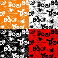 Set seamless pattern with text Boo, spider web, eyes, scull. Flat design. Simple halloween symbols. vector