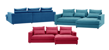 Long sofa with pillows, many angles isolated transparent background png